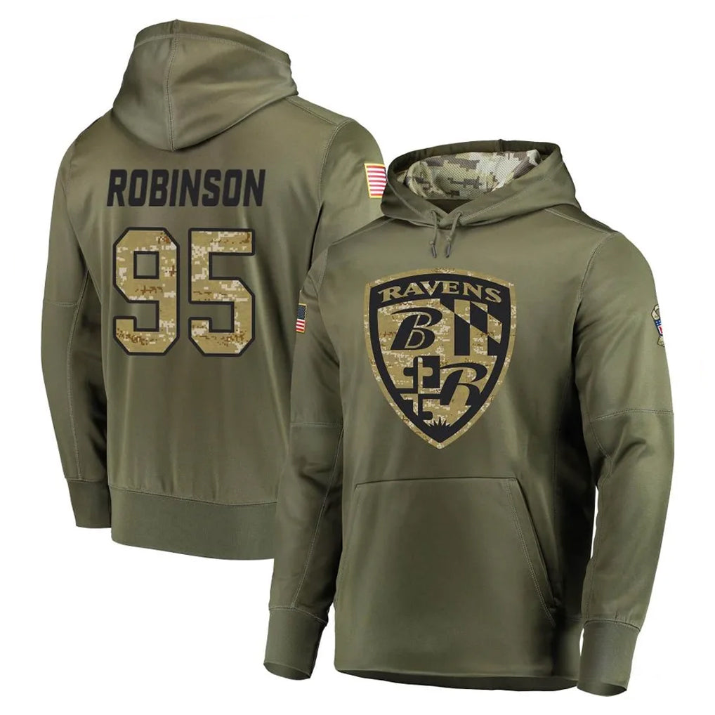 B.Ravens #95 Tavius Robinson Player Olive Salute to Service Pullover Hoodie Kdoa Stitched Jerseys