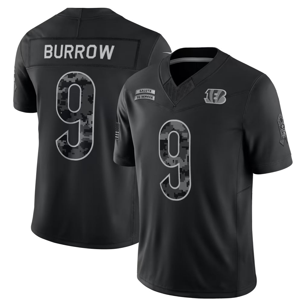 C.Bengals #9 Joe Burrow Player Black Limited 2026 Salute to Service Home Game Kdoa Stitched Jerseys