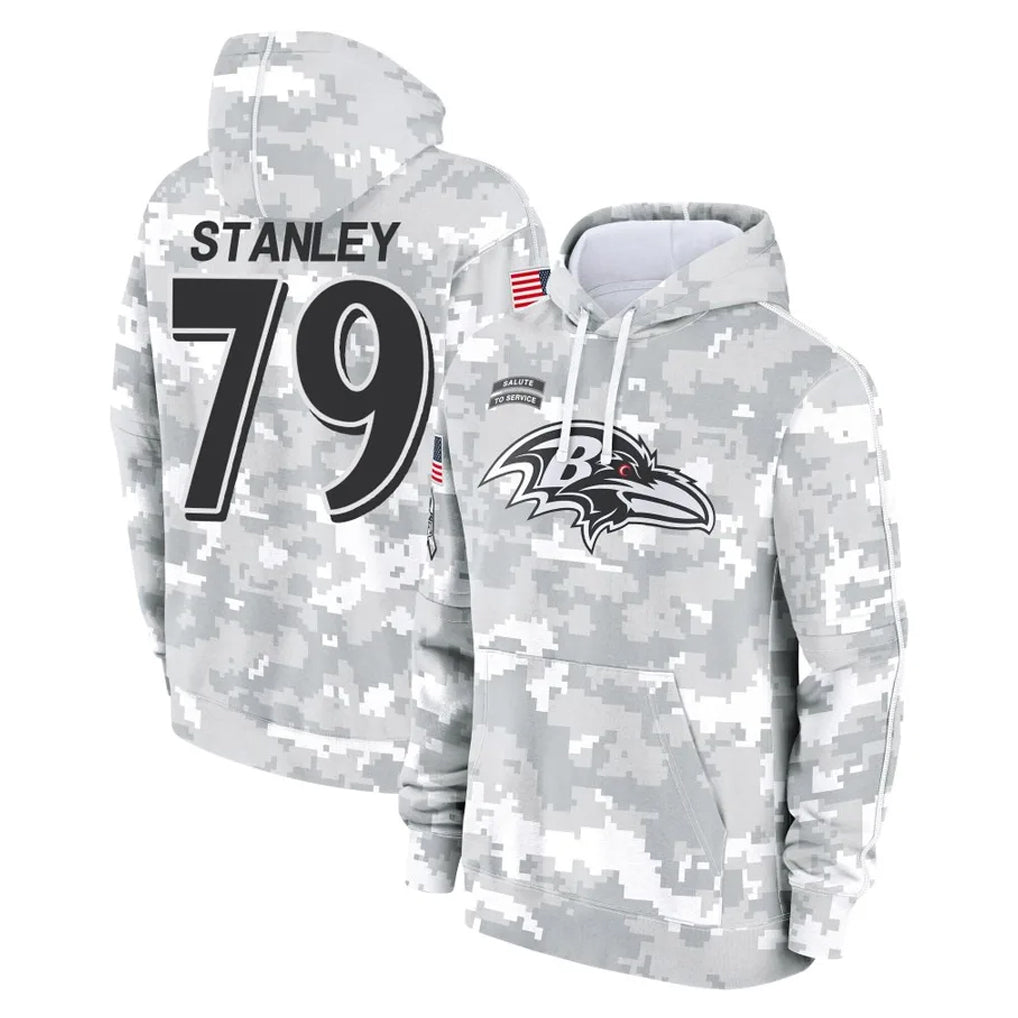 B.Ravens #79 Ronnie Stanley Player Arctic Camo Salute to Service Pullover Hoodie Kdoa Stitched Jerseys