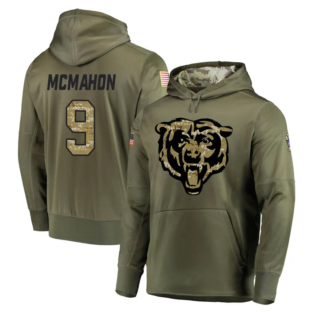 C.Bears #9 Jim McMahon Player Olive Salute to Service Pullover Hoodies Home Game Kdoa Stitched Jerseys