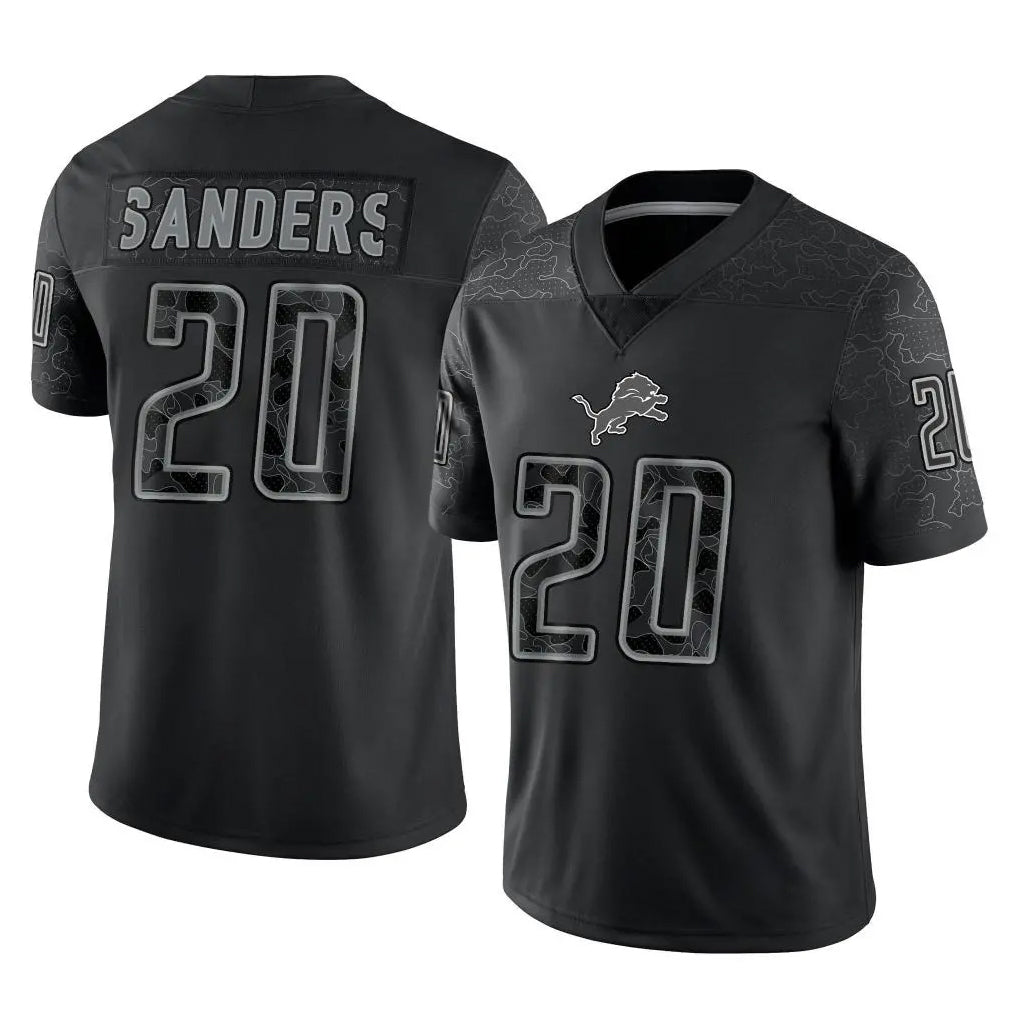 D.Lions #20 Barry Sanders Player Black Reflective Limited Home Game Kdoa Stitched Jerseys