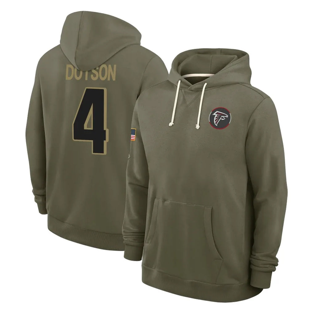A.Falcons #4 Jahan Dotson Player Olive 2025 Salute to Service Hoodies Kdoa Stitched Jerseys