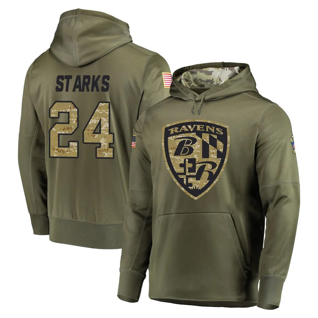 B.Ravens #24 Malaki Starks Player Olive Salute to Service Pullover Hoodie Kdoa Stitched Jerseys