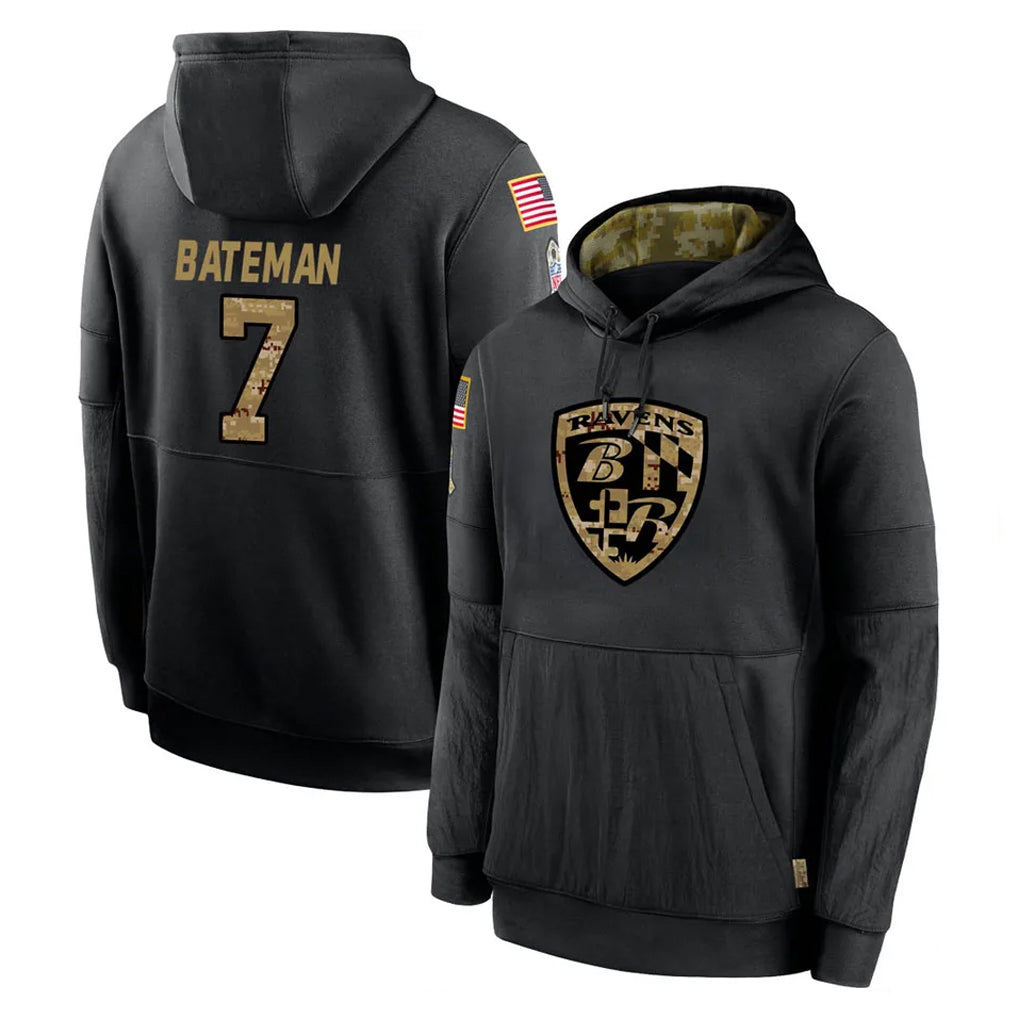 B.Ravens #7 Rashod Bateman Player Black Salute to Service Pullover Hoodie Kdoa Stitched Jerseys