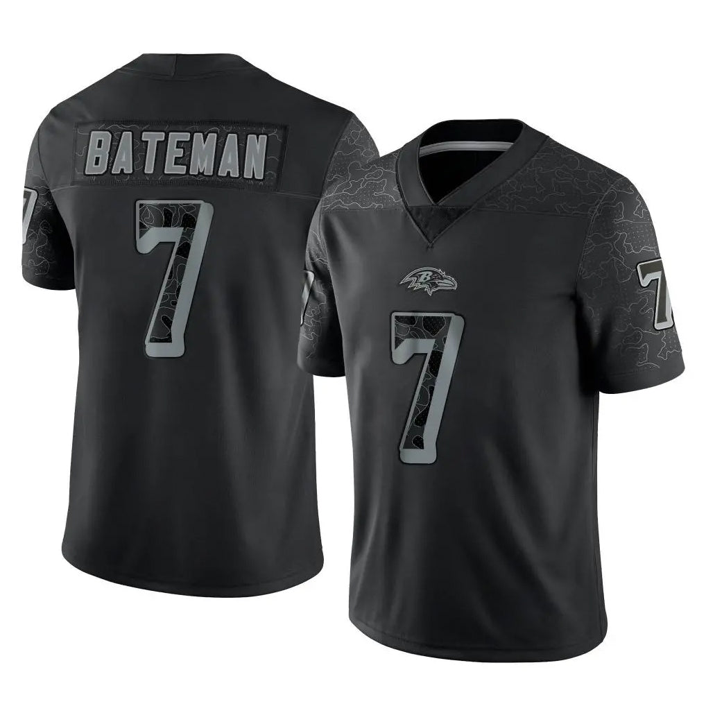B.Ravens #7 Rashod Bateman Player Black REFLECTIVE Limited Kdoa Stitched Jerseys