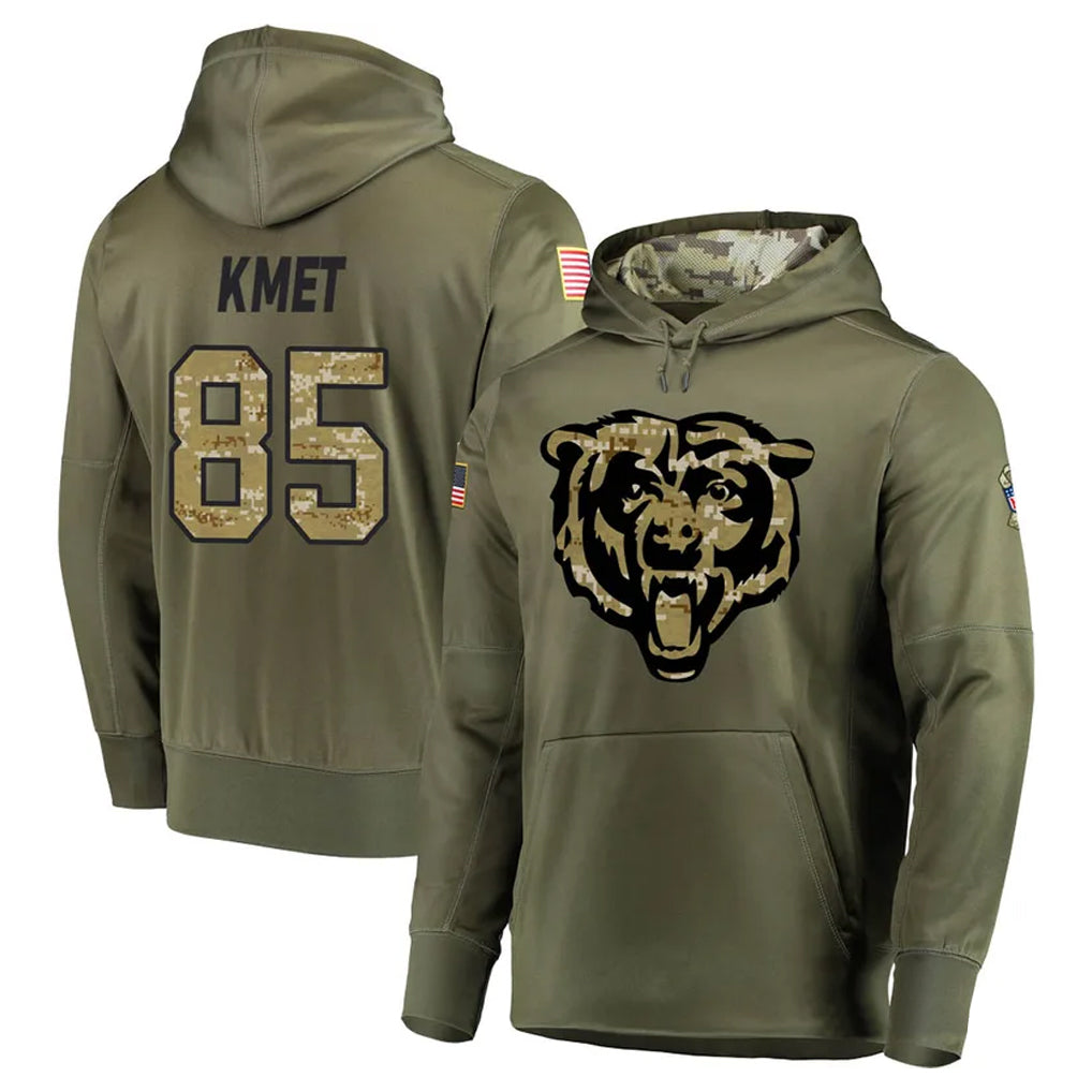 C.Bears #85 Cole Kmet Player Olive Salute to Service Pullover Hoodies Home Game Kdoa Stitched Jerseys