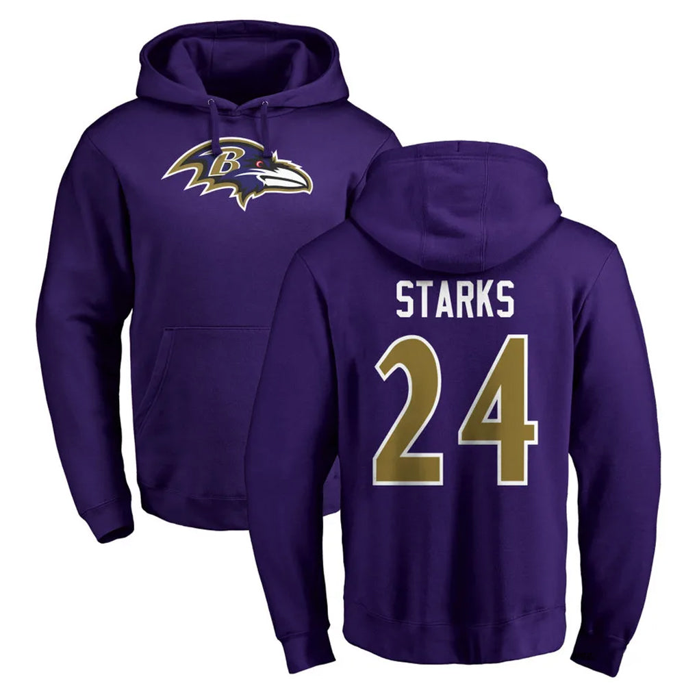 B.Ravens #24 Malaki Starks Player Purple Salute to Service Pullover Hoodie Kdoa Stitched Jerseys