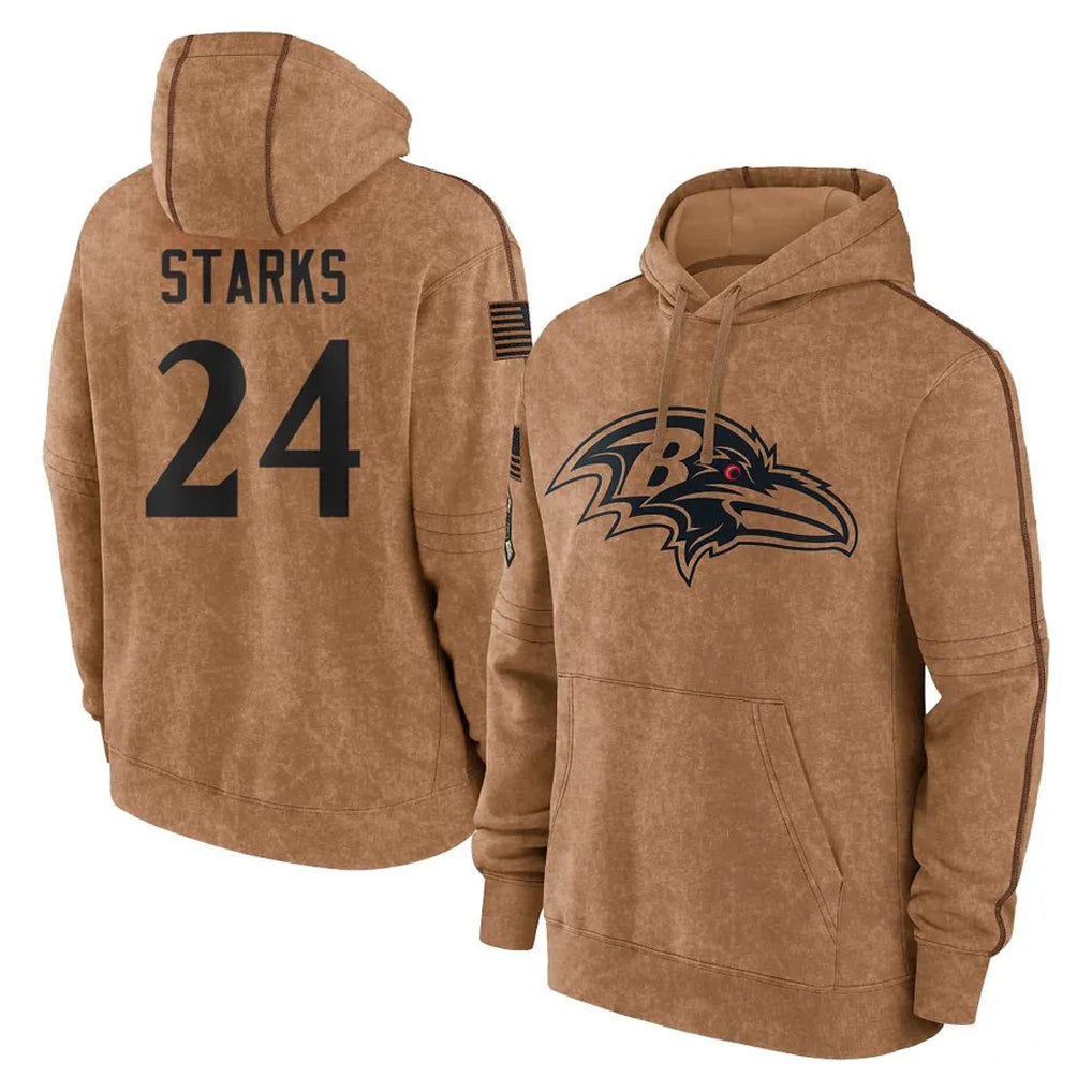 B.Ravens #24 Malaki Starks Player Brown Salute to Service Pullover Hoodie Kdoa Stitched Jerseys