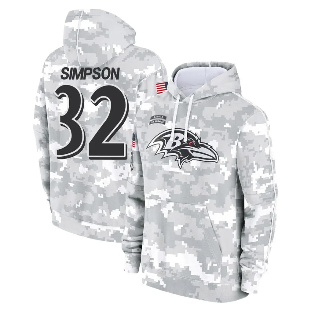 B.Ravens #32 Trenton Simpson Player Arctic Camo Salute to Service Pullover Hoodie Kdoa Stitched Jerseys