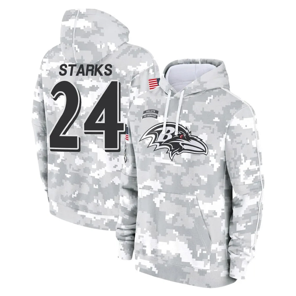 B.Ravens #24 Malaki Starks Player Arctic Camo Salute to Service Pullover Hoodie Kdoa Stitched Jerseys