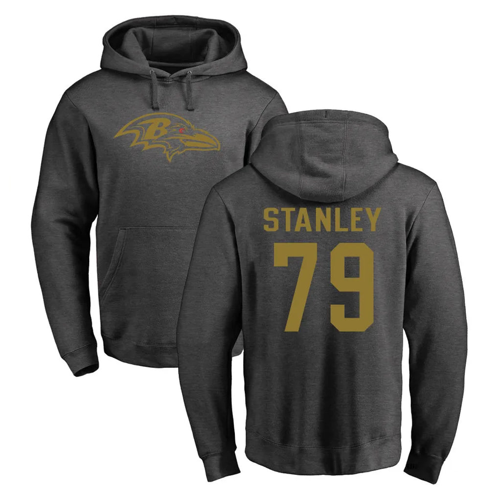 B.Ravens #79 Ronnie Stanley Player Gray LOGO Pullover Hoodie Kdoa Stitched Jerseys
