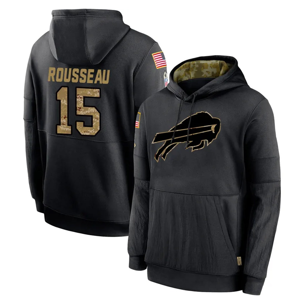 B.Bills #15 Greg Rousseau Player Black Salute to Service Hoodies Kdoa Stitched Jersey