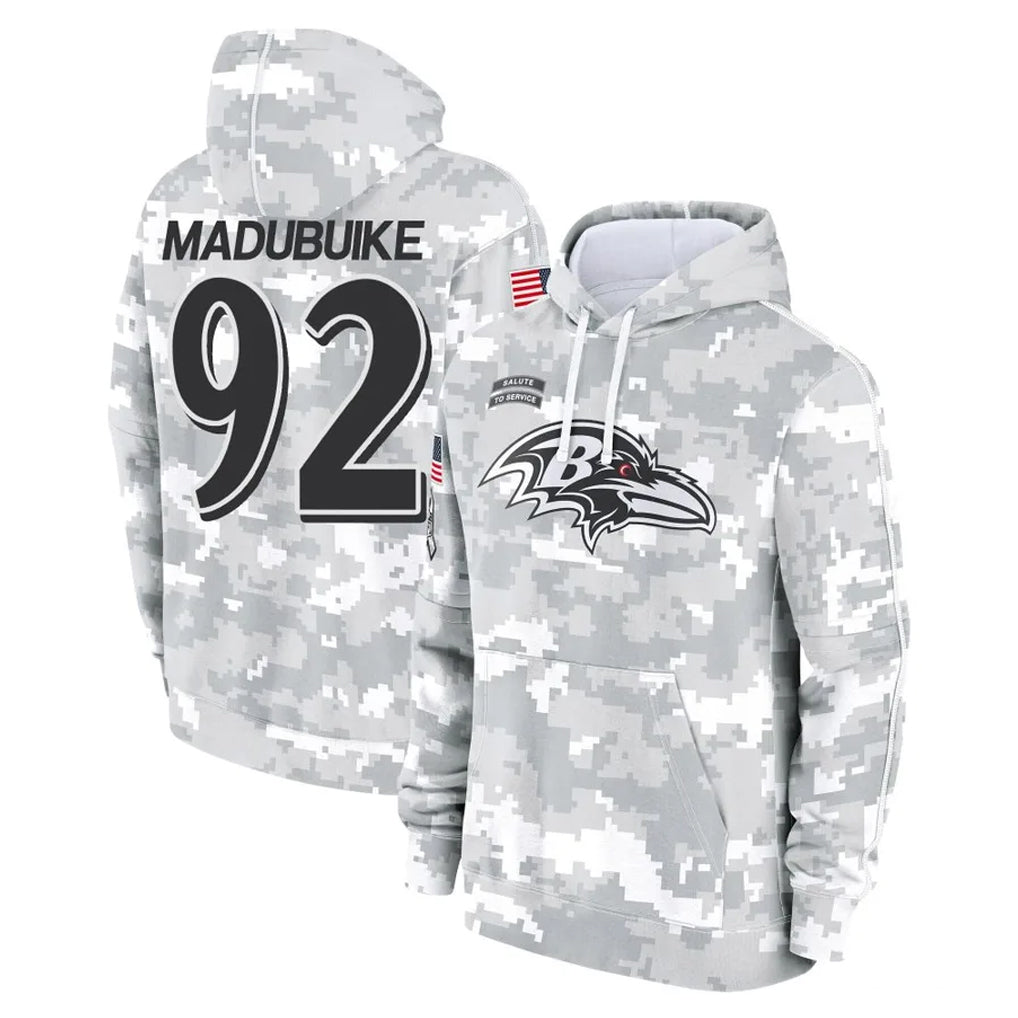 B.Ravens #92 Nnamdi Madubuike Player Arctic Camo Salute to Service Pullover Hoodie Kdoa Stitched Jerseys