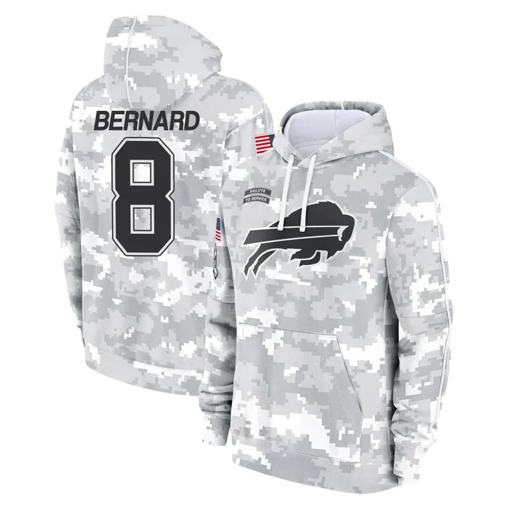B.Bills #8 Terrel Bernard Player Arctic Camo Salute to Service Hoodies Kdoa Stitched Jerseys