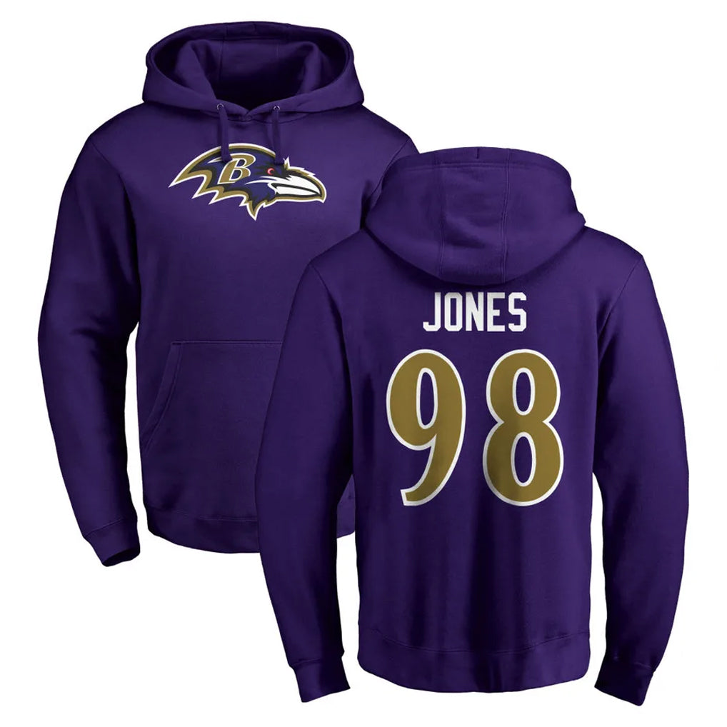 B.Ravens #98 Travis Jones Player Purple Salute to Service Pullover Hoodie Kdoa Stitched Jerseys
