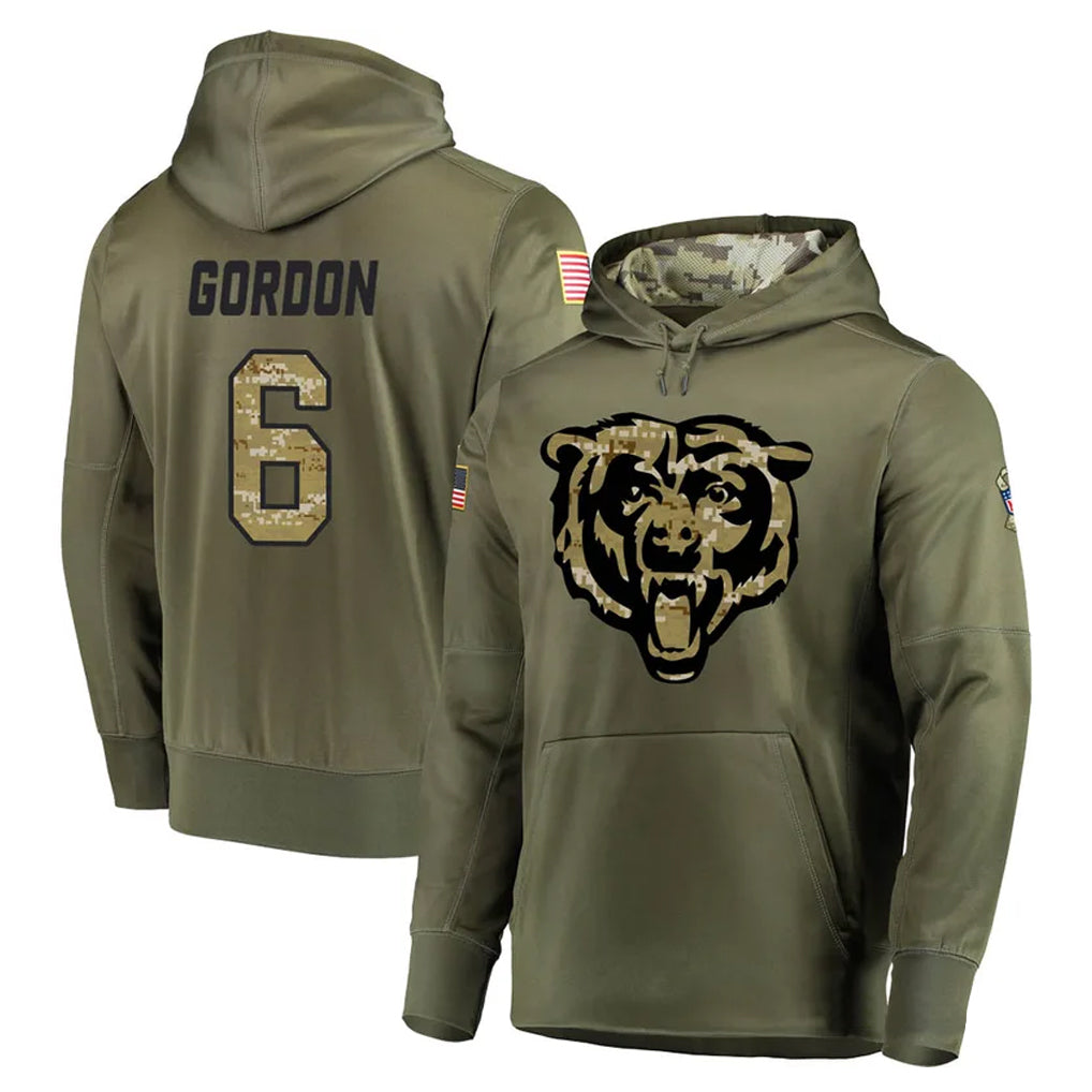 C.Bears #6 Kyler Gordon Player Olive Salute to Service Pullover Hoodies Home Game Kdoa Stitched Jerseys
