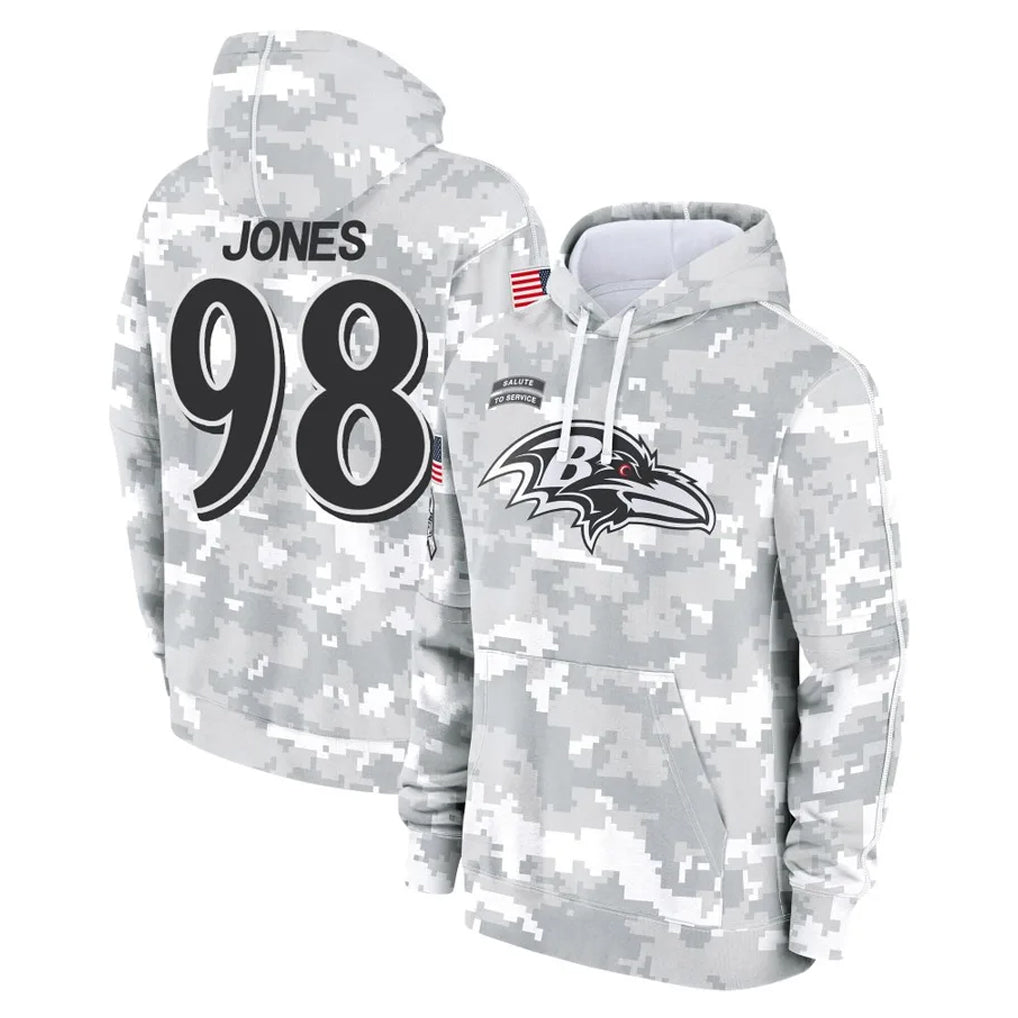 B.Ravens #98 Travis Jones Player Arctic Camo Salute to Service Pullover Hoodie Kdoa Stitched Jerseys