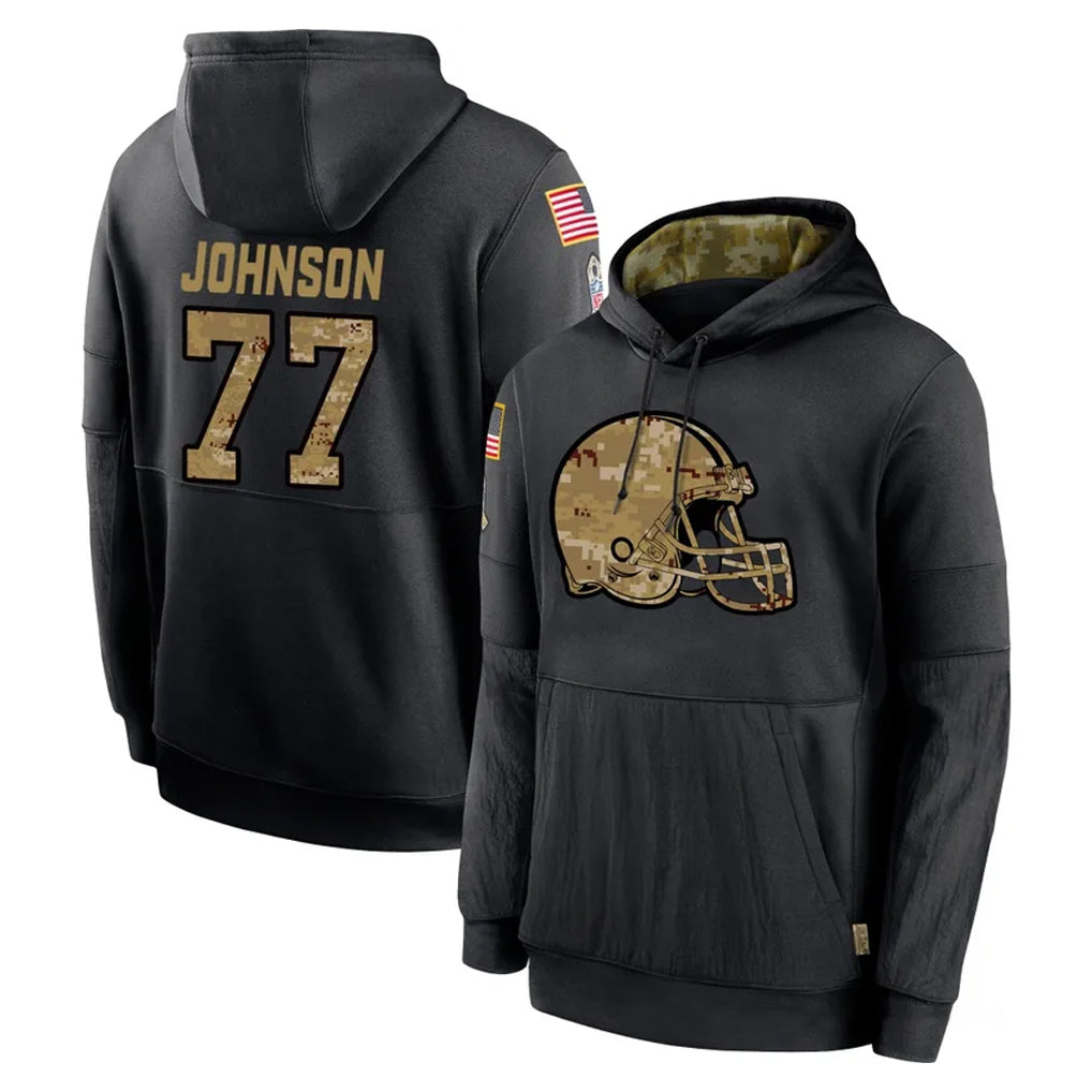 C.Browns #77 Zion Johnson Player Black Salute to Service Pullover Hoodies Limited Kdoa Stitched Jerseys