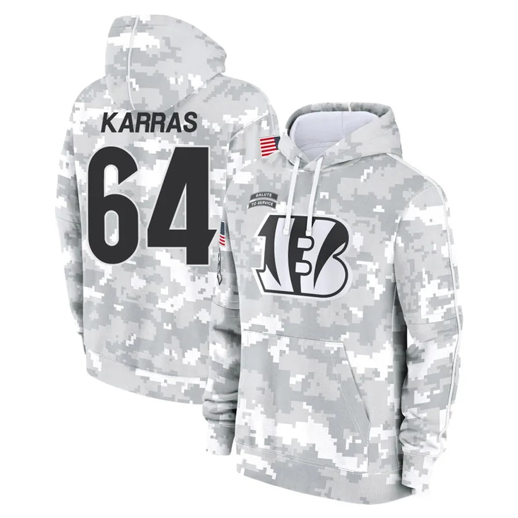 C.Bengals #64 Ted Karras Player Arctic Camo Salute to Service Pullover Hoodie Limited Kdoa Stitched Jerseys