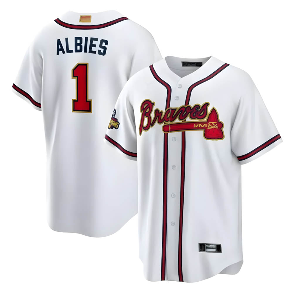 Kdoa A.Braves #1 Ozzie Albies Player White World Series Gold Program Stitched Jerseys