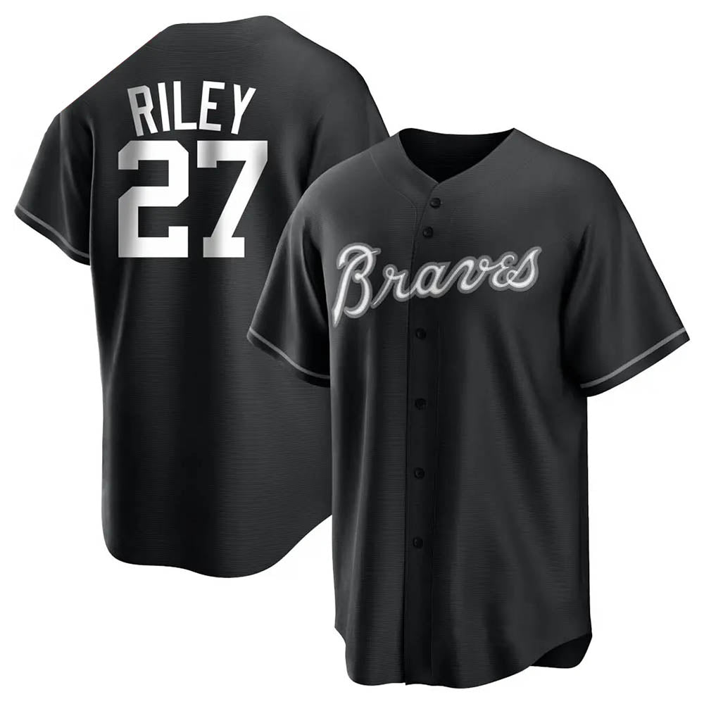 Kdoa A.Braves #27 Austin Riley Player Black&White Replica Stitched Jerseys