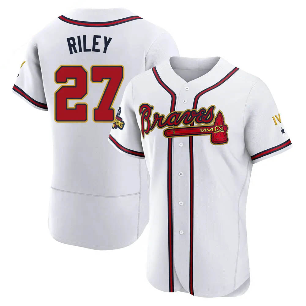 Kdoa A.Braves #27 Austin Riley Player White&Gold Authentic Program Stitched Jerseys