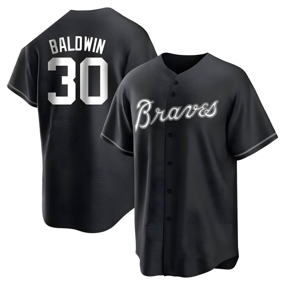 Kdoa A.Braves #30 Drake Baldwin player Black&White Replica Stitched Jerseys