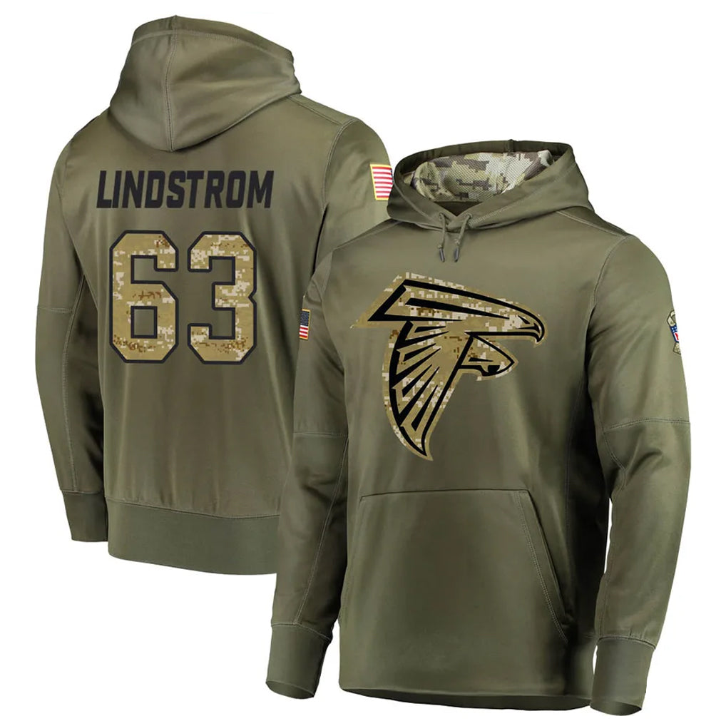 Kdoa A.Falcons #63 Chris Lindstrom Player Olive Salute to Service Club Fleece Hoodie Stitched Jerseys