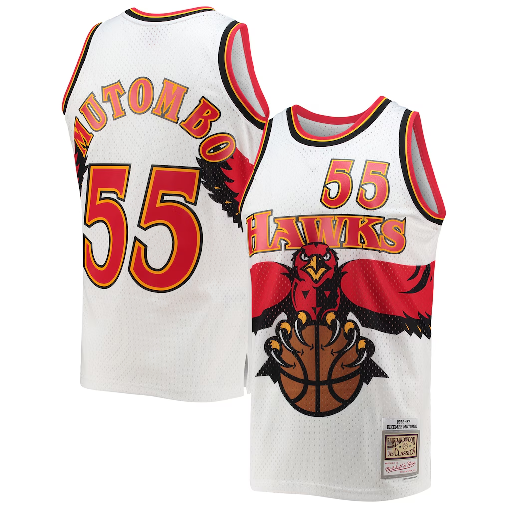 Kdoa A.Hawks #55 Dikembe Mutombo Mitchell & Ness White 199697 Hardwood Classics Swingman Jerseys