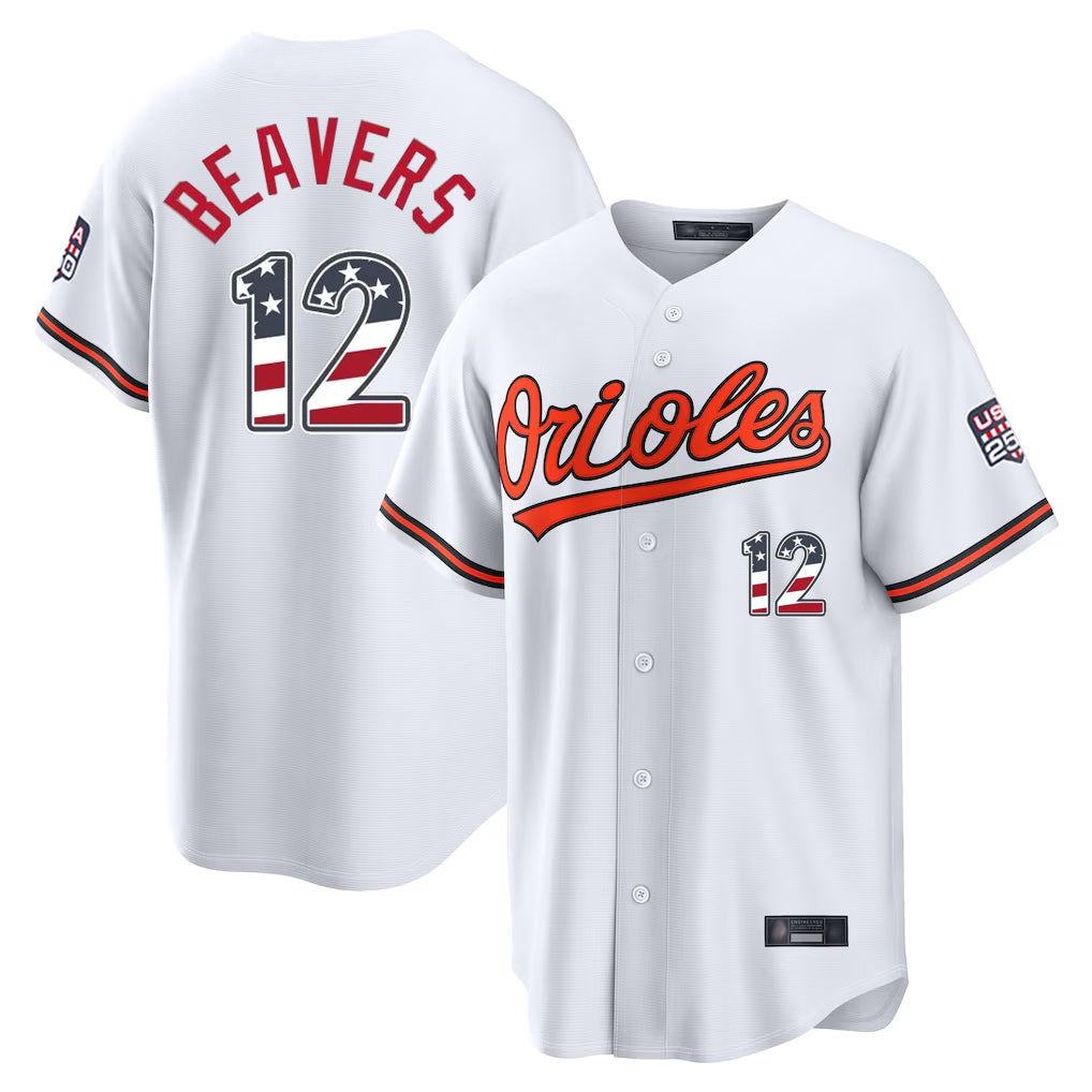 Kdoa B.Orioles #12 Dylan Beavers Player White USA 250 Fourth of July Home Game Stitched Jerseys