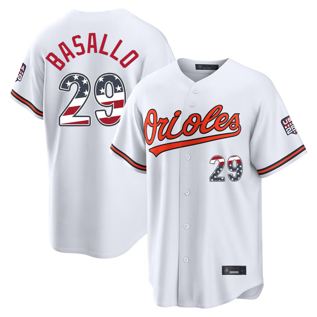 Kdoa B.Orioles #29 Samuel Basallo Player White USA 250 Fourth of July Home Game Stitched Jerseys
