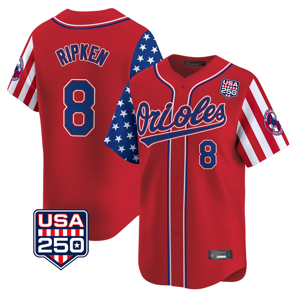 Kdoa B.Orioles #8 Cal Ripken Player Red USA 250 Independence Day Vapor Premier Limited Home Game Stitched Jerseys
