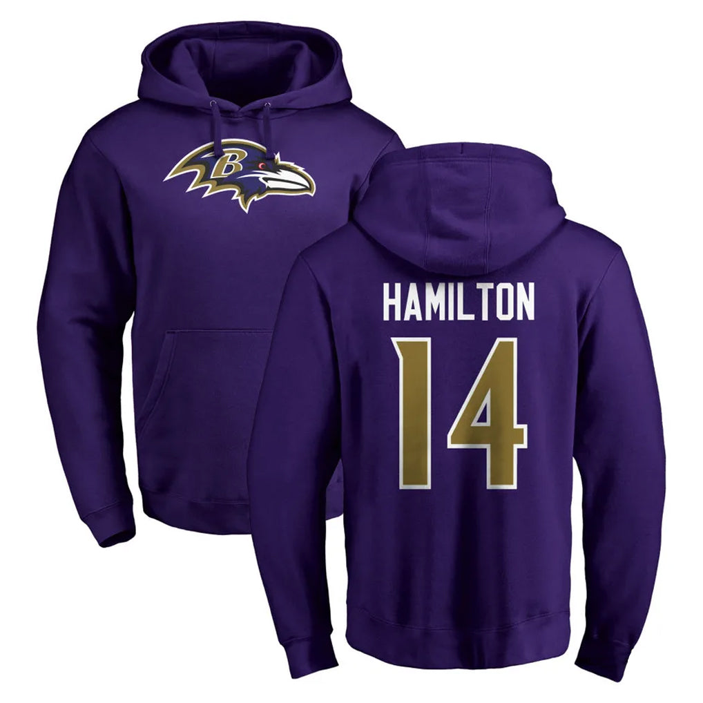 Kdoa B.Ravens #14 Kyle Hamilton Player Purple Salute to Service Pullover Hoodie Stitched Jerseys