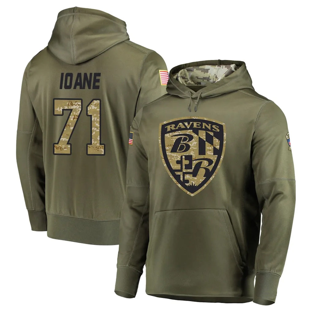 Kdoa B.Ravens #71 Olaivavega Ioane Player Olive Salute to Service Pullover Hoodie Stitched Jerseys