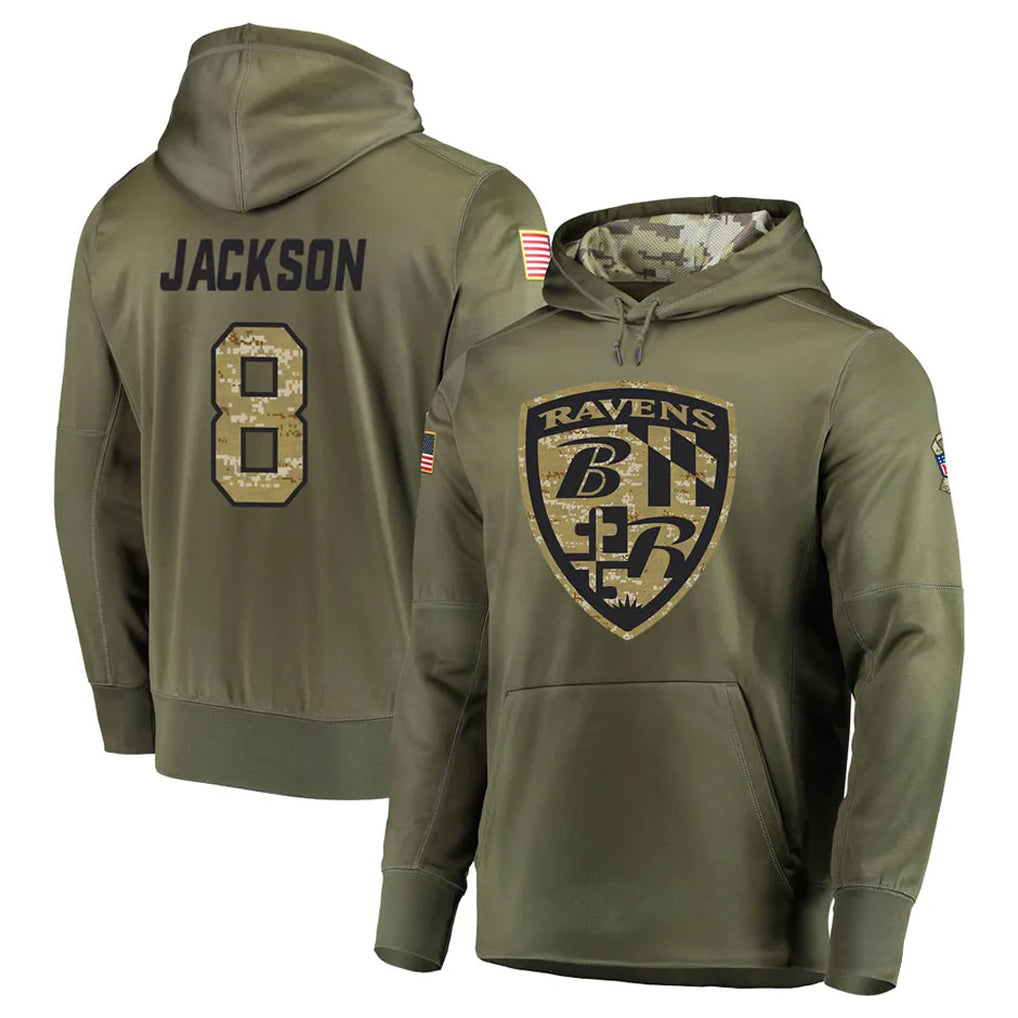 Kdoa B.Ravens #8 Lamar Jackson Player Olive Salute to Service Pullover Hoodie Stitched Jerseys