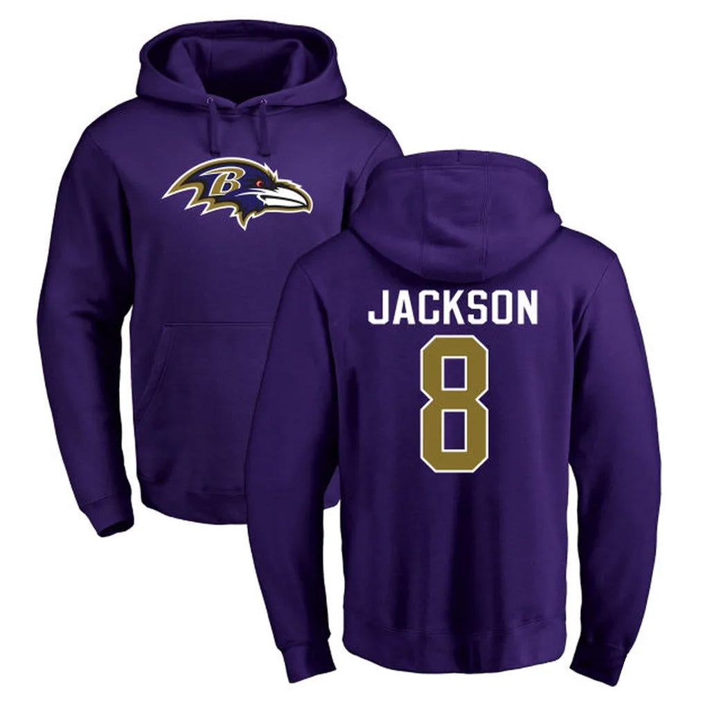 Kdoa B.Ravens #8 Lamar Jackson Player Purple Salute to Service Pullover Hoodie Stitched Jerseys