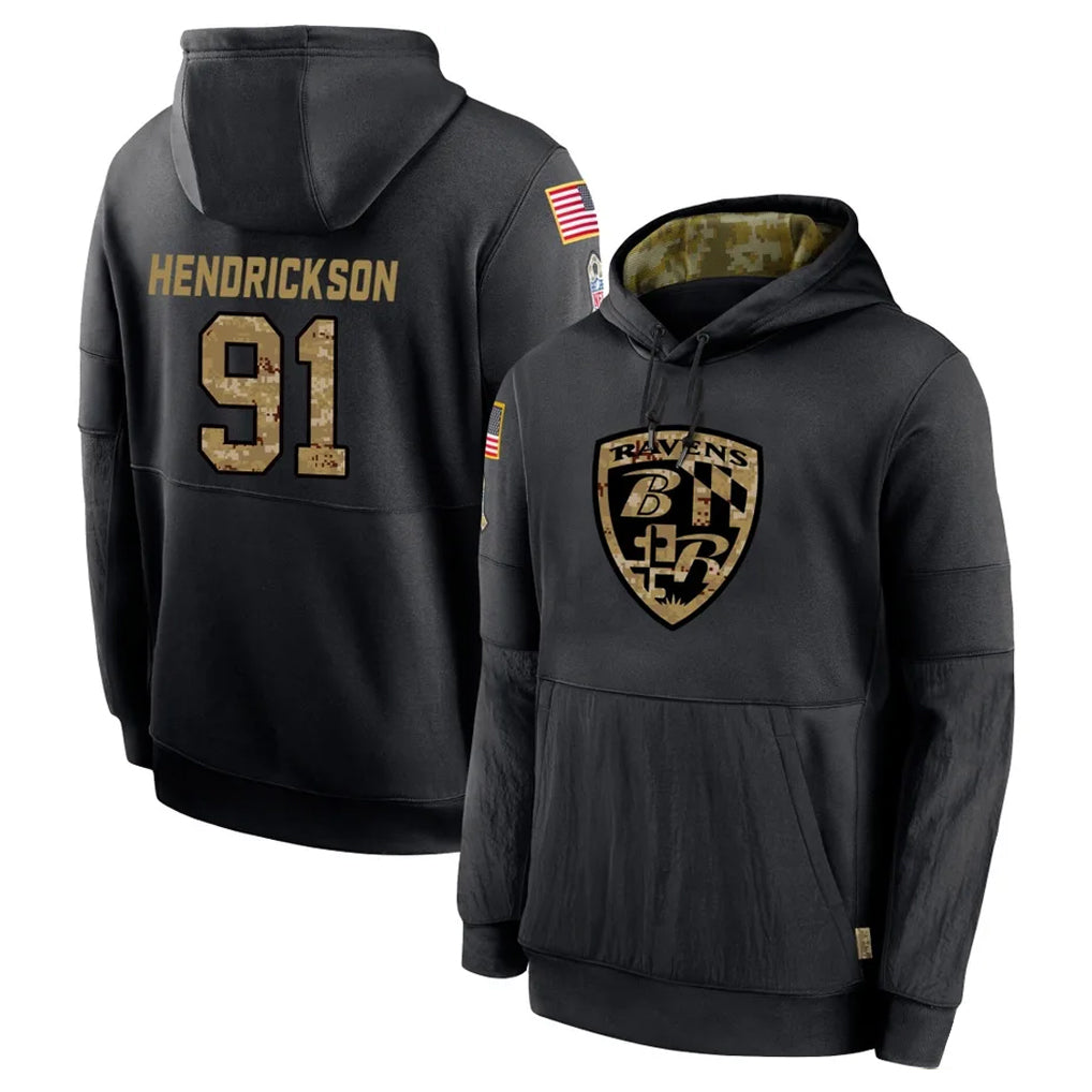 Kdoa B.Ravens #91 Trey Hendrickson Player Black Salute to Service Pullover Hoodie Stitched Jerseys