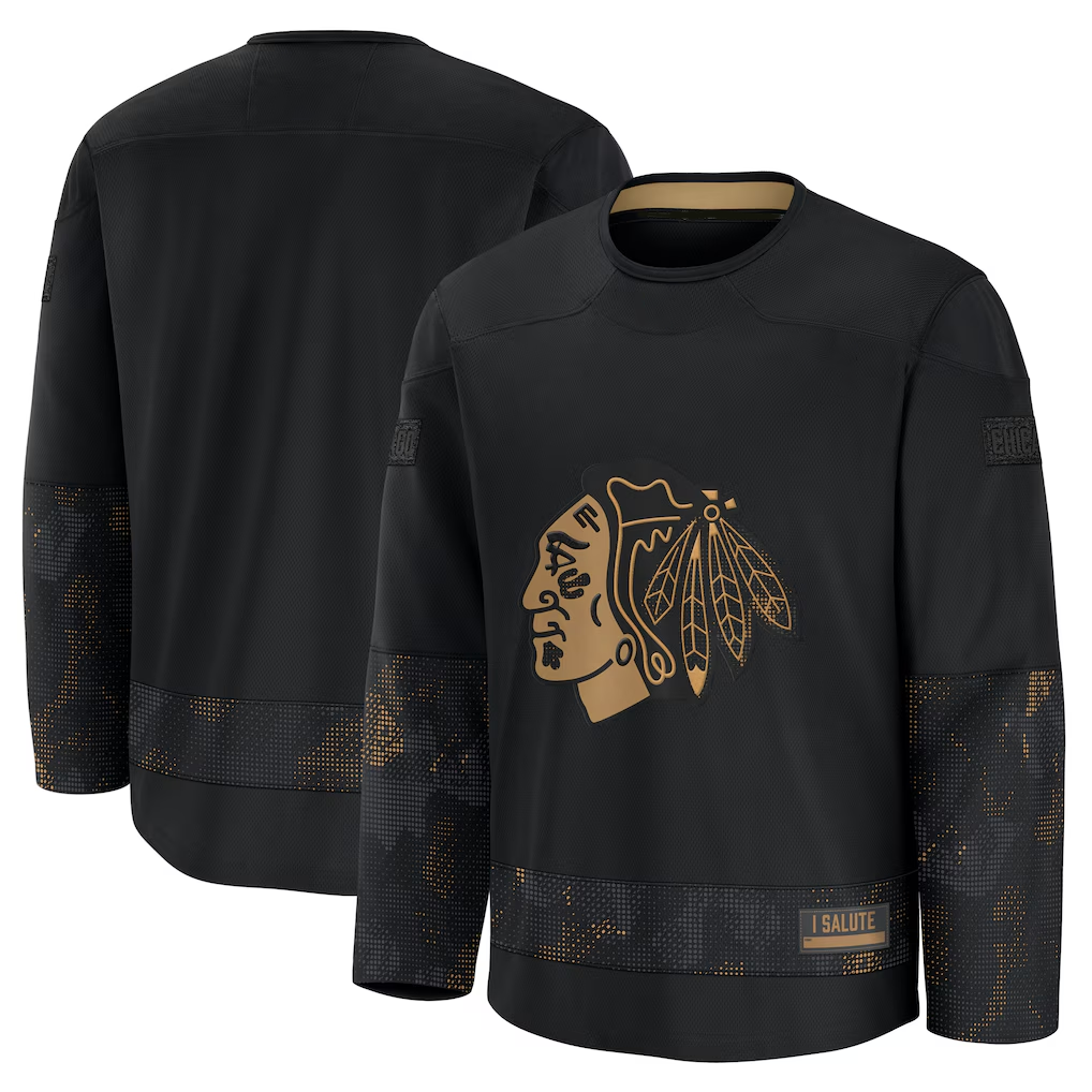 Kdoa C.Blackhawks Black 2024 Military Appreciation Practice Jerseys