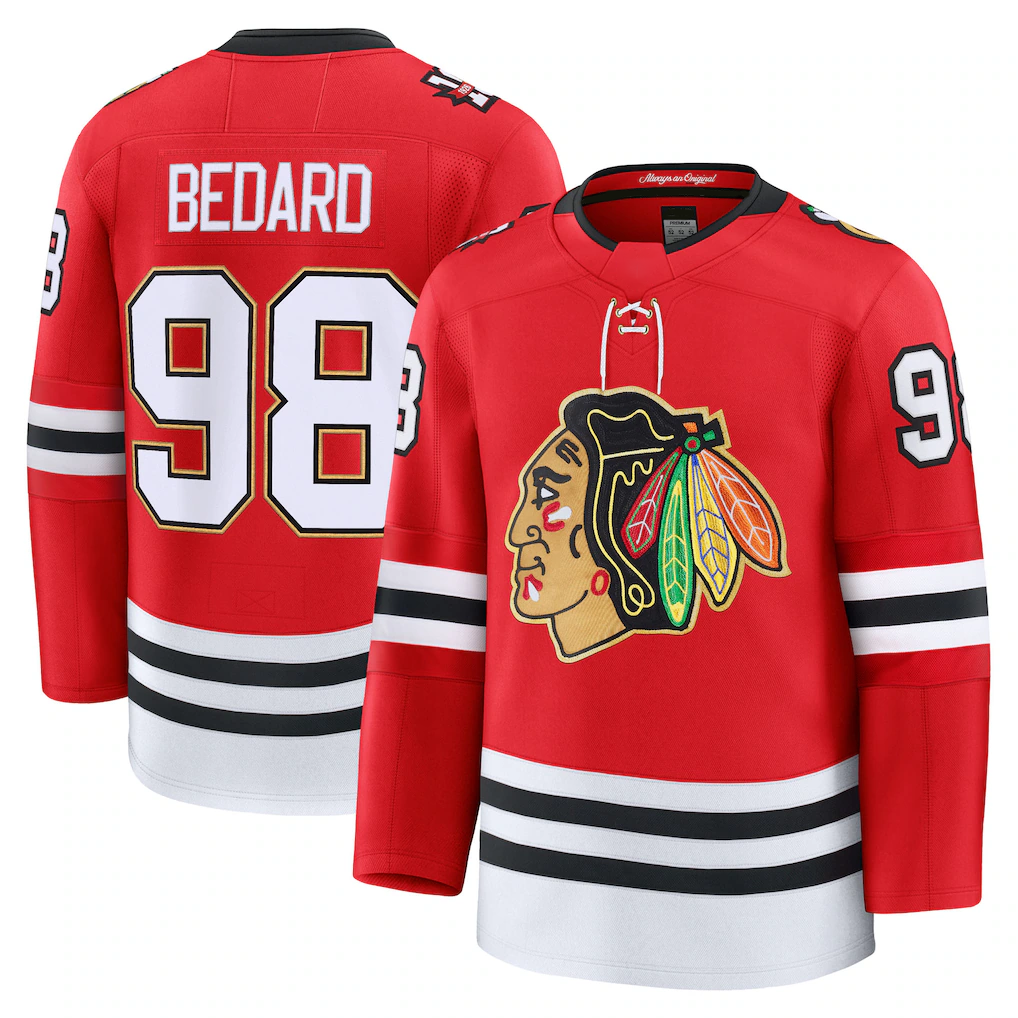 Kdoa C.Blackhawks #98 Connor Bedard Red Centennial Premium Player Jerseys