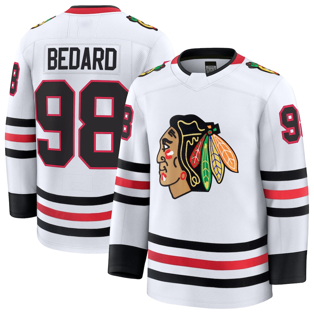 Kdoa C.Blackhawks #98 Connor Bedard White Away Premium Jerseys