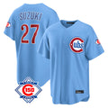Kdoa C.Cubs #27 Seiya Suzuki Player Light Blue 150th Anniversary Home Game Stitched Jerseys