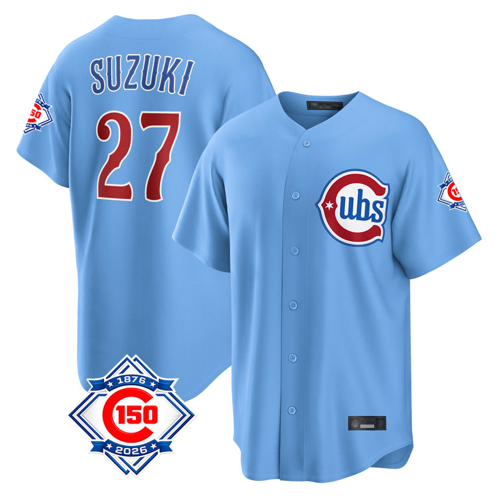 Kdoa C.Cubs #27 Seiya Suzuki Player Light Blue 150th Anniversary Home Game Stitched Jerseys