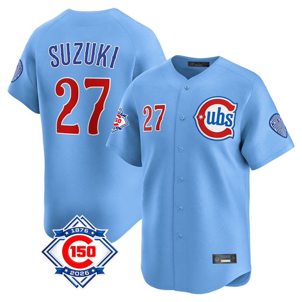 Kdoa C.Cubs #27 Seiya Suzuki Player Light Blue 150th Anniversary Limited Home Stitched Jerseys