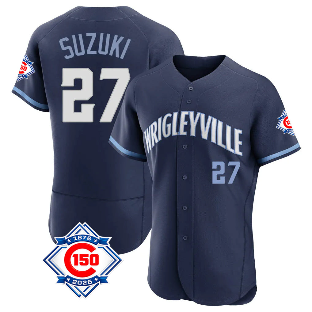 Kdoa C.Cubs #27 Seiya Suzuki Player Navy City Connect 150th Anniversary Limited Elite Home Stitched Jerseys
