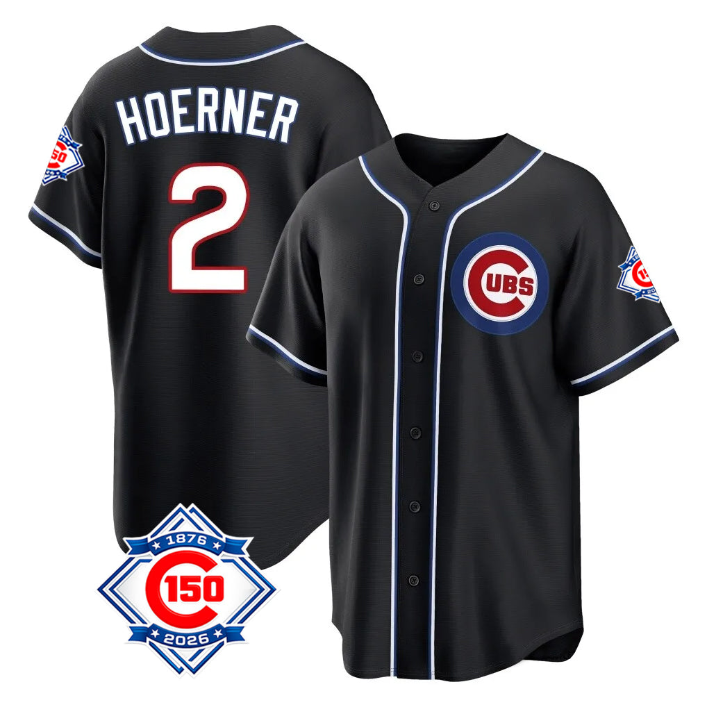Kdoa C.Cubs #2 Nico Hoerner Player Black Fashion Out 150th Anniversary Game Stitched Jerseys