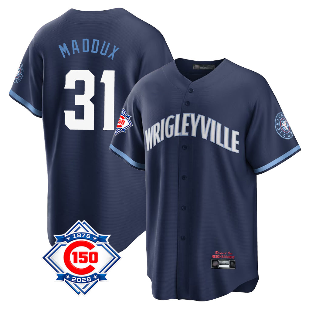 Kdoa C.Cubs #31 Greg Maddux Player Navy 150th Anniversary City Connect Home Game Stitched Jerseys