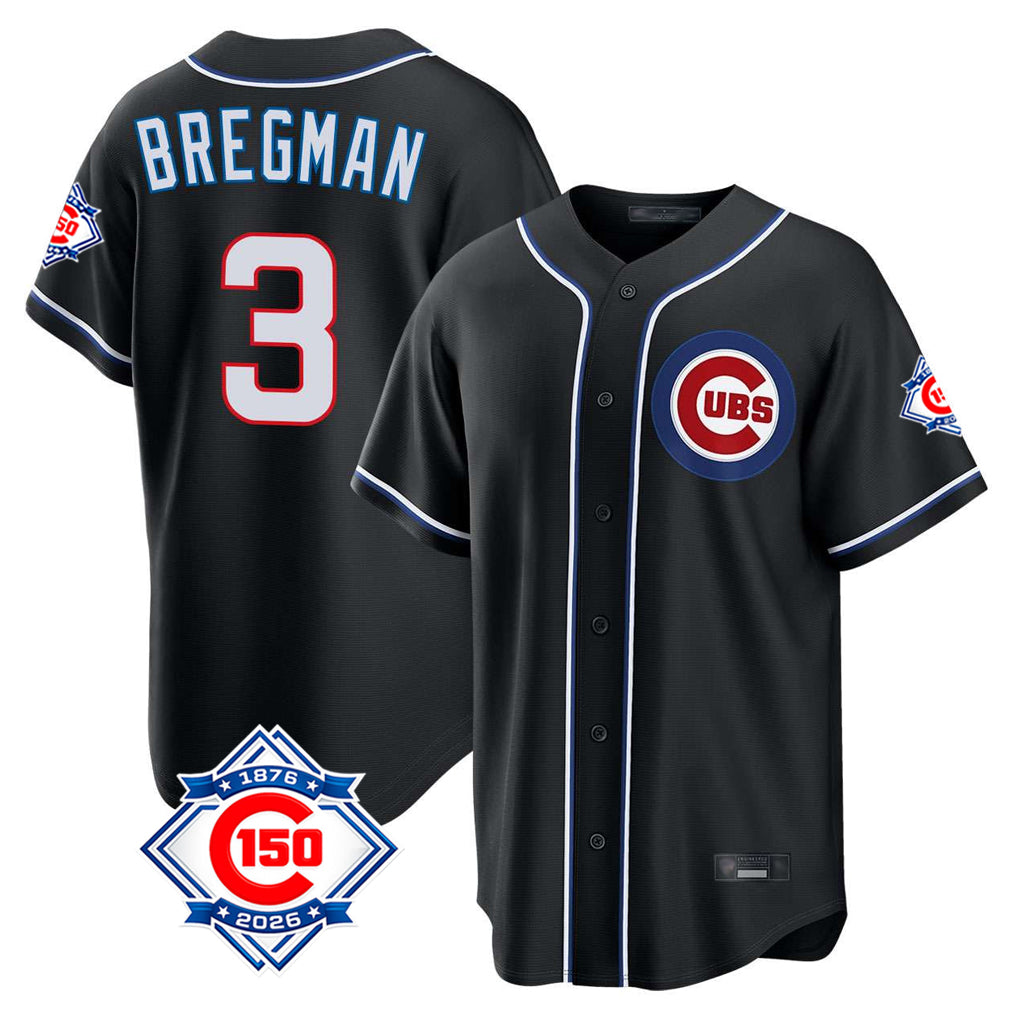 Kdoa C.Cubs #3 Alex Bregman Black Fashion Out 150th Anniversary Game Stitched Jerseys
