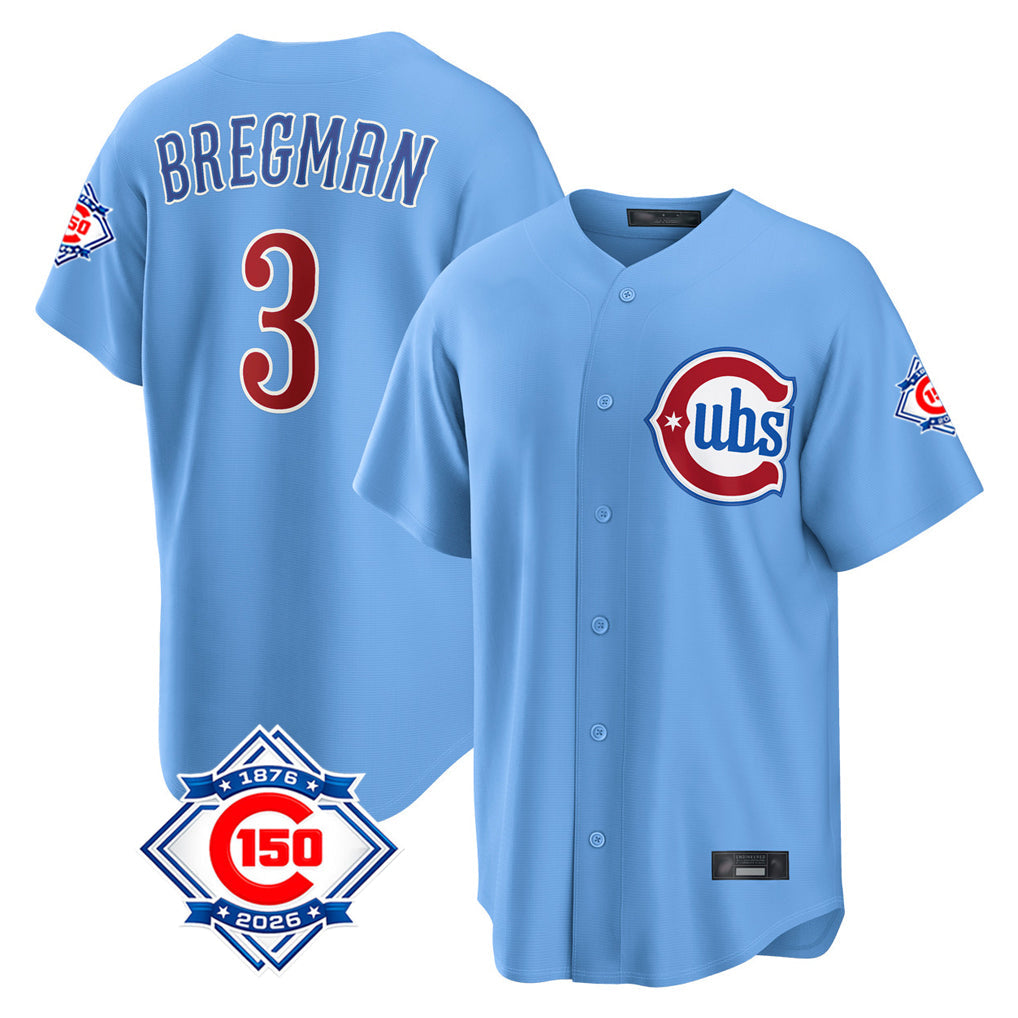 Kdoa C.Cubs #3 Alex Bregman Light Blue 150th Anniversary Home Game Stitched Jerseys