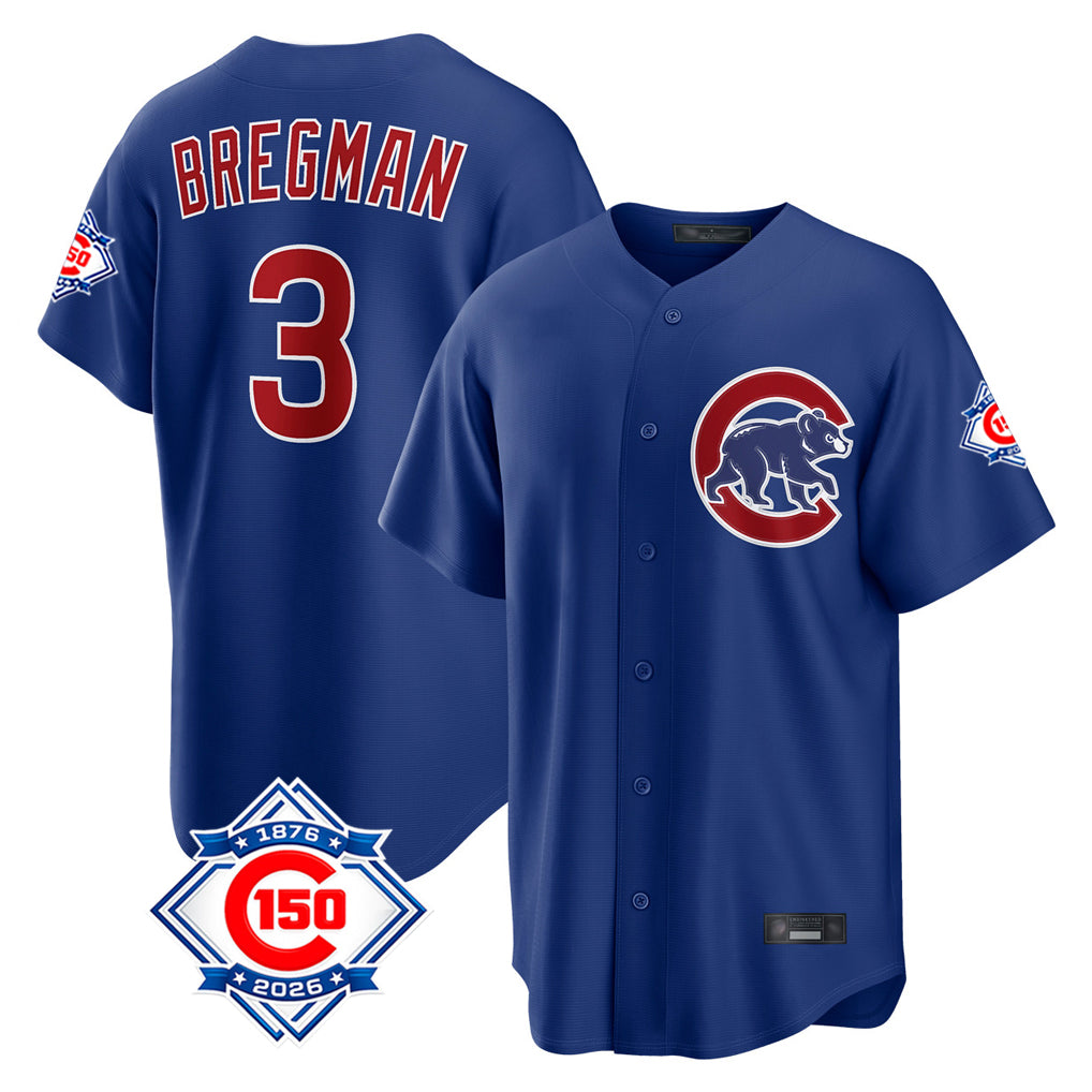 Kdoa C.Cubs #3 Alex Bregman Royal 150th Anniversary Home Game Stitched Jerseys