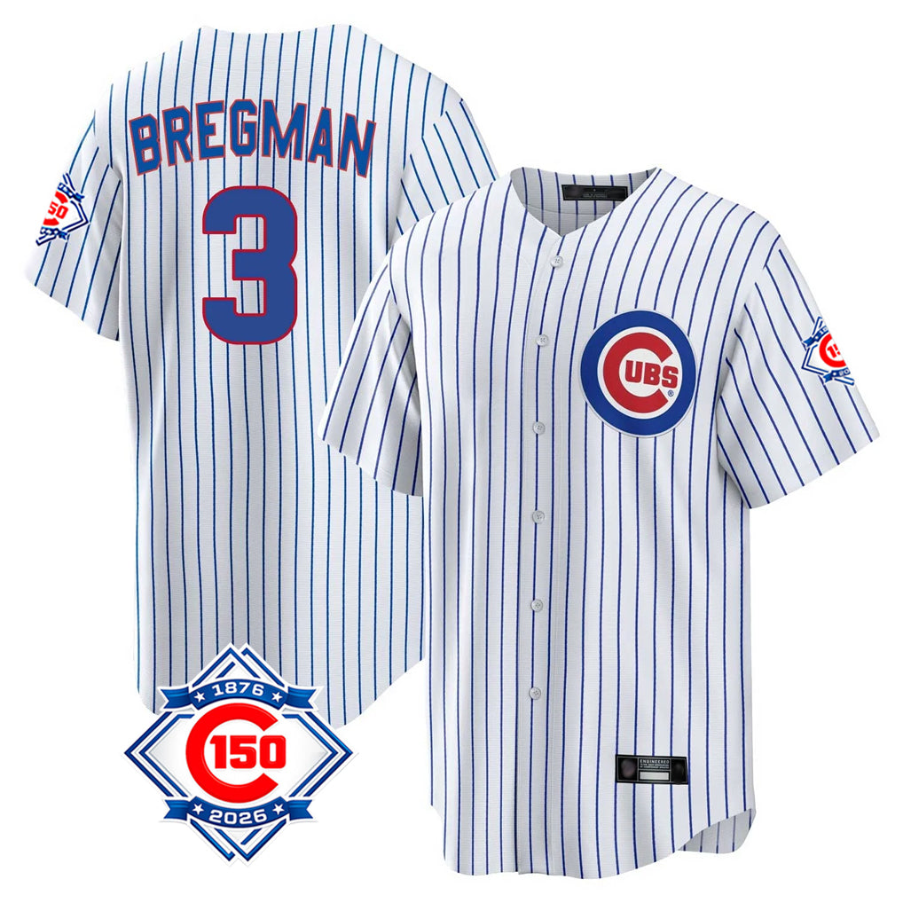 Kdoa C.Cubs #3 Alex Bregman White 150th Anniversary Home Game Stitched Jerseys
